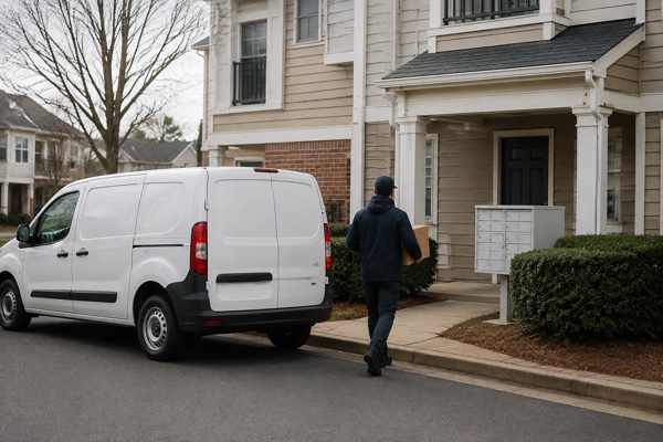 Illustrative scene of a delivery van and courier near a residential entrance