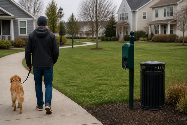 Illustrative scene of a dog-walking area with a pet-waste station
