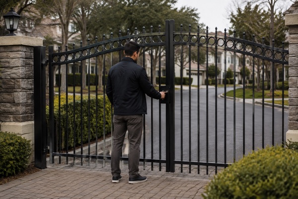 Illustrative scene of a person trying the handle of a closed entrance gate