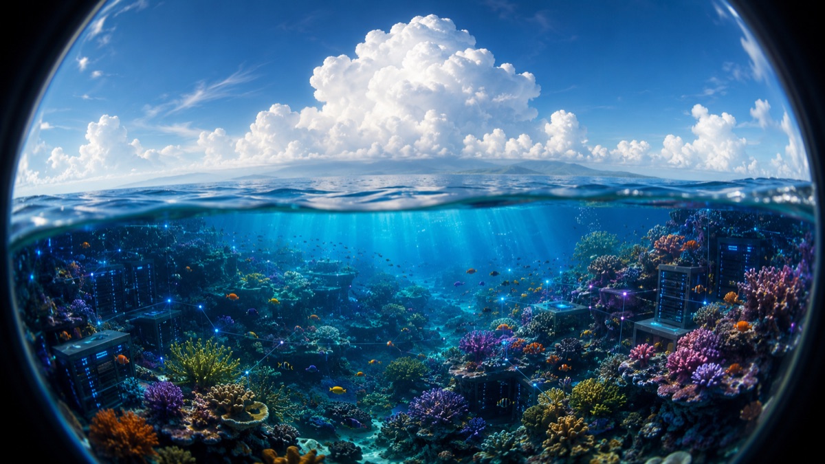 A split view of clouds above the waterline and a colorful coral reef below, dotted with glowing server-like structures