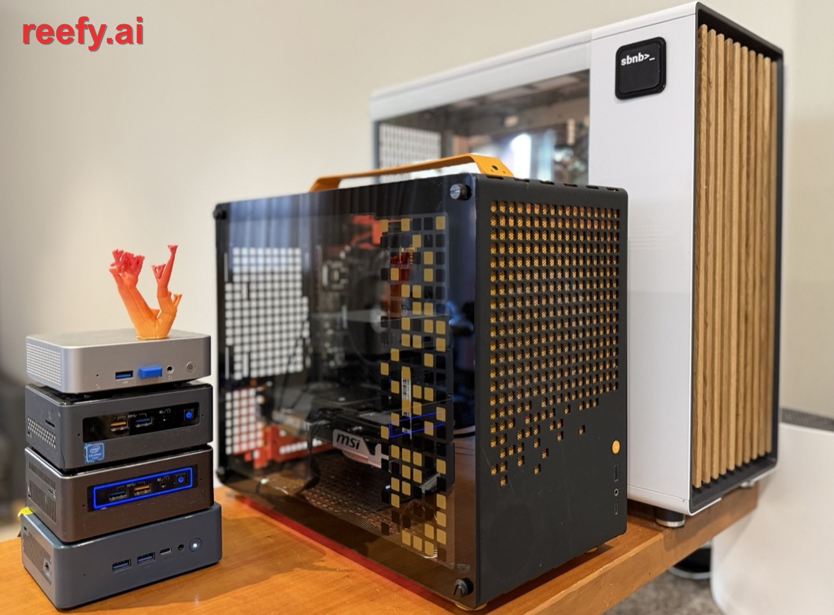 A Reefy home lab: a stack of mini-PCs and two custom Nvidia GPU machines on a desk