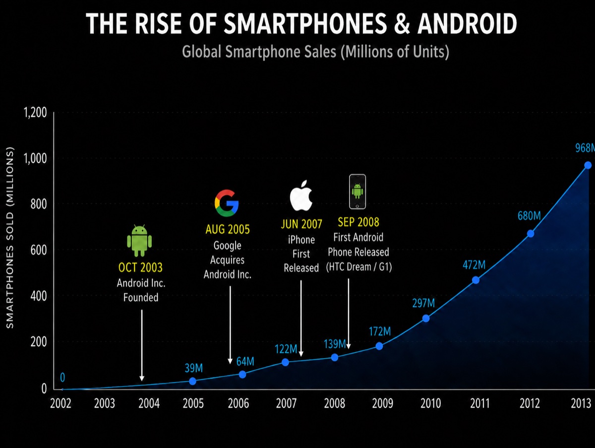 Line chart of global smartphone sales rising from near zero in 2002 to about 968 million units in 2013, annotated with the founding of Android (2003), Google's acquisition of Android (2005), the first iPhone (2007), and the first Android phone (2008)